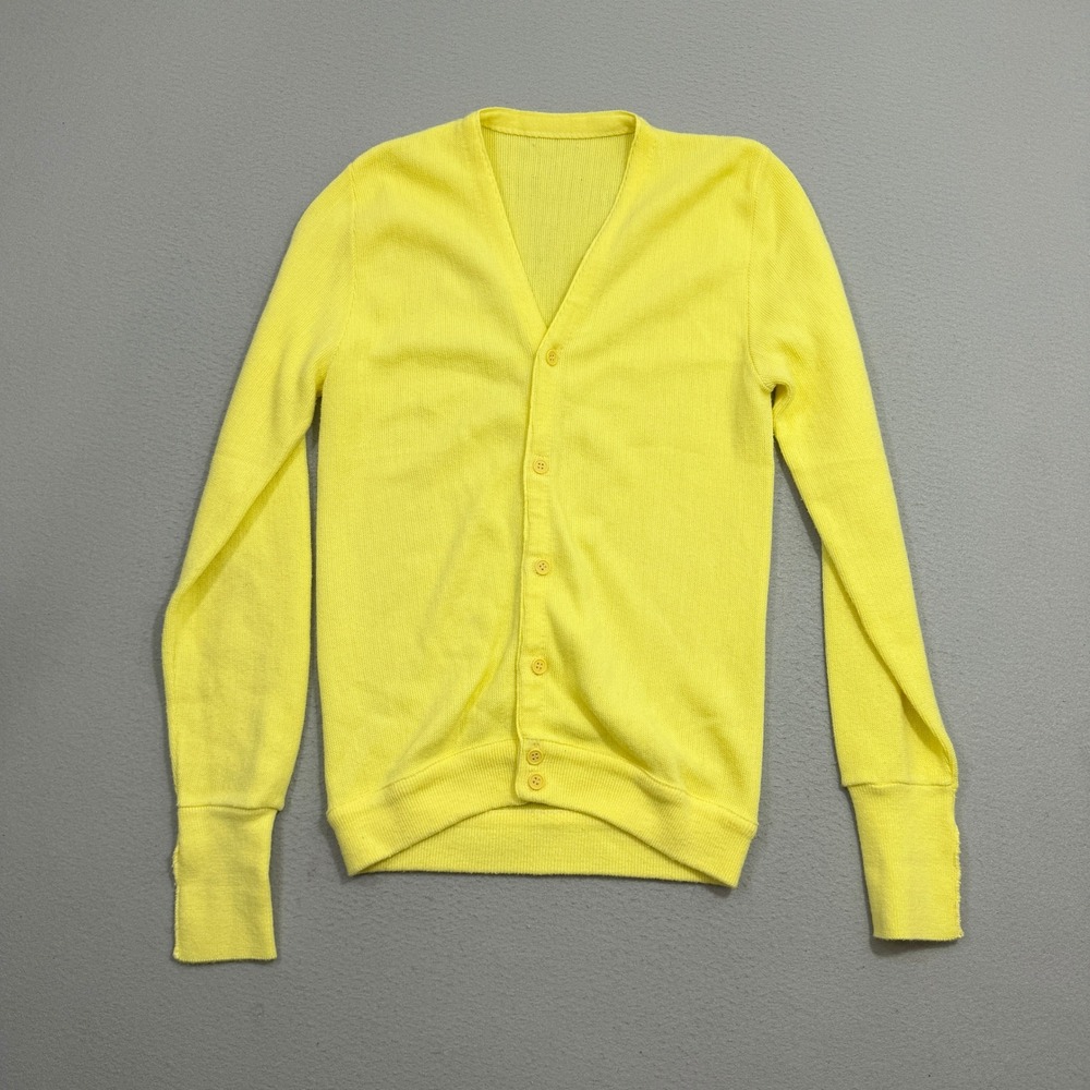 Vintage Cardigan Men's Medium Yellow V-Neck Button Front Knit Sweater 80s Preppy